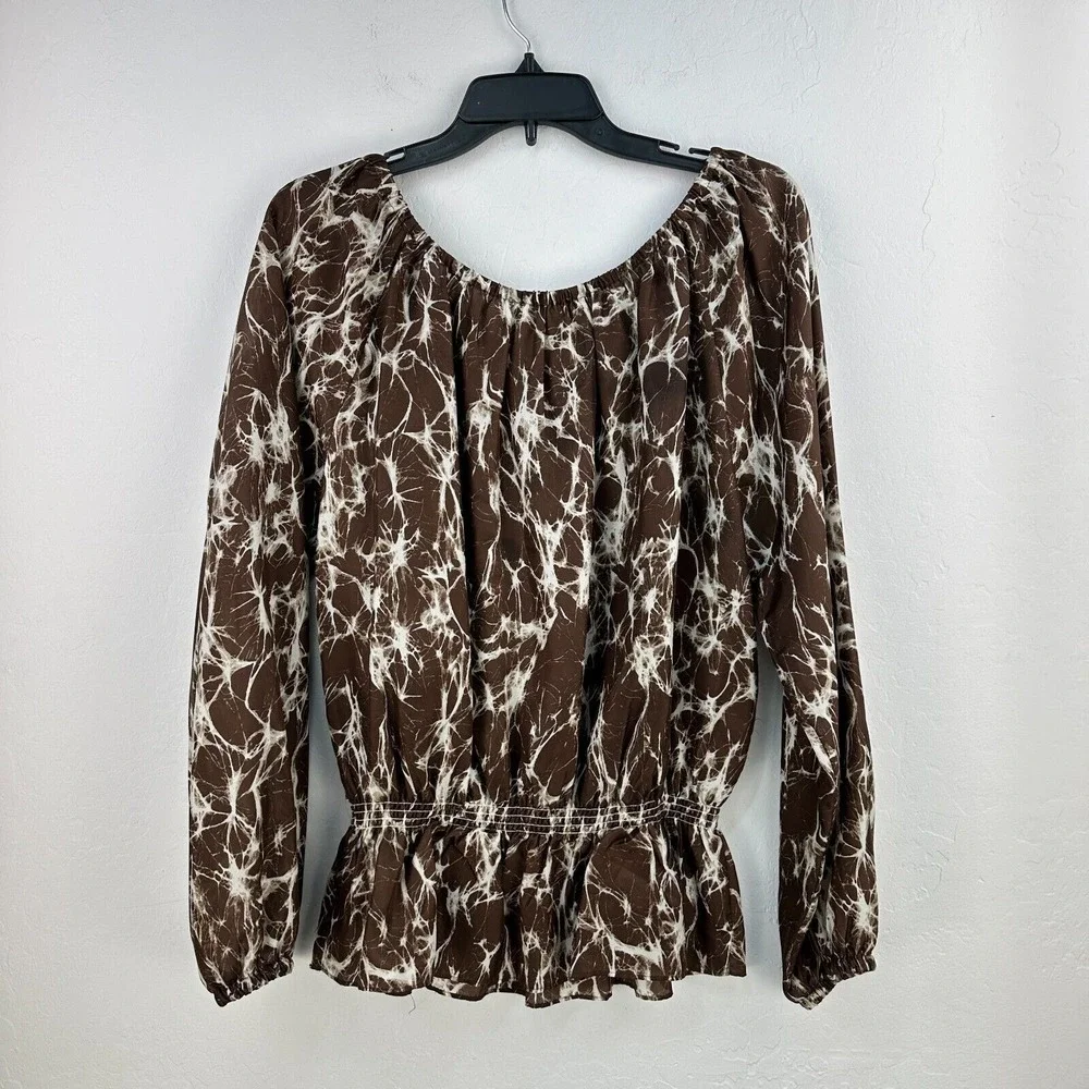 Michael Kors Silk Blouse Womens Top L Brown‎ Cream Goldtone Tie Smocked Waist